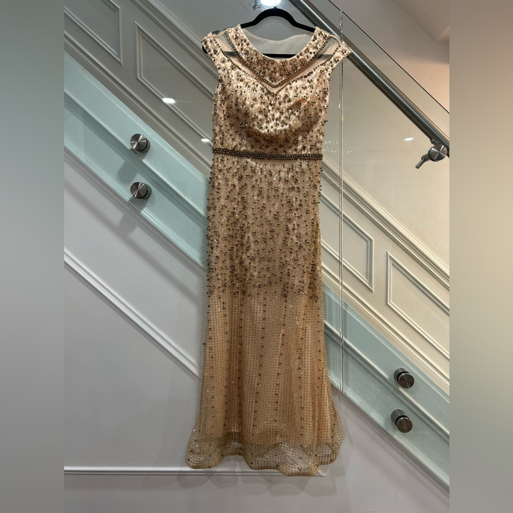 Beige and gold prom dress